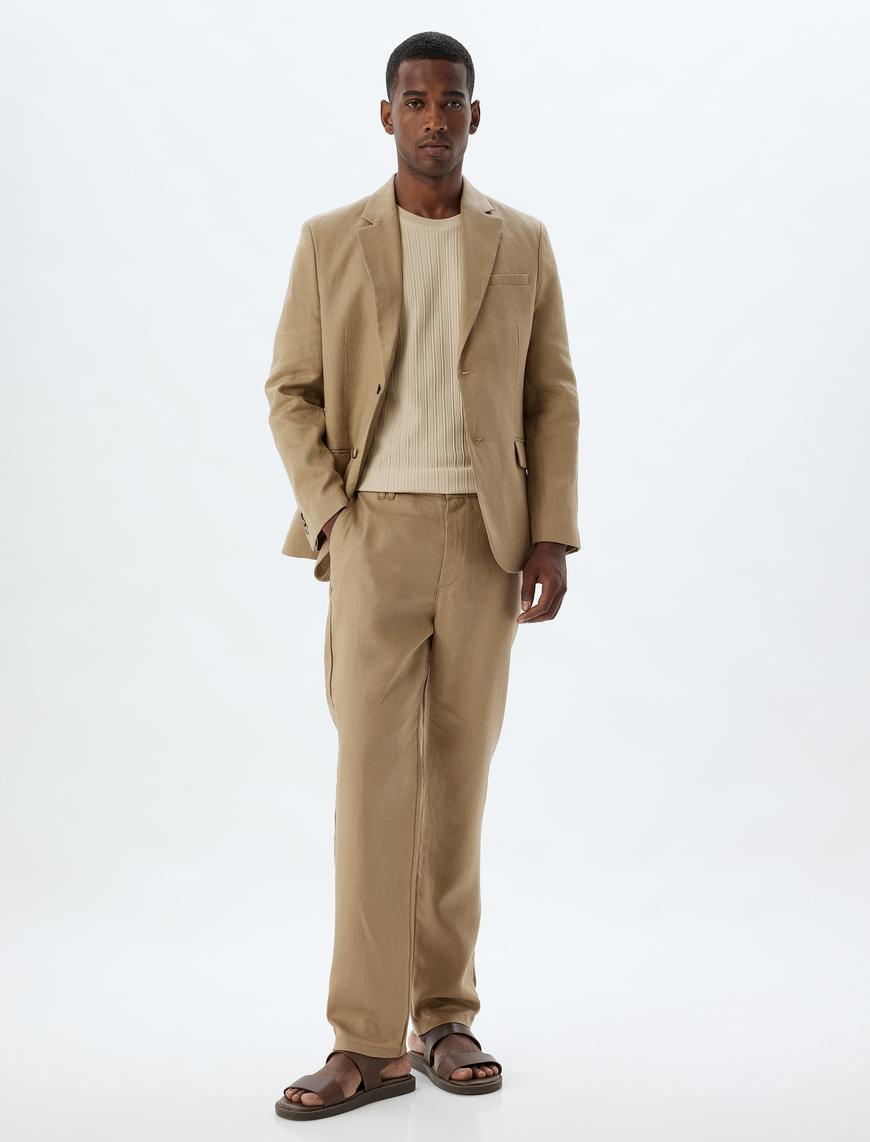   Keten Pantolon Slim Fit Chino Düğmeli Cep Detaylı