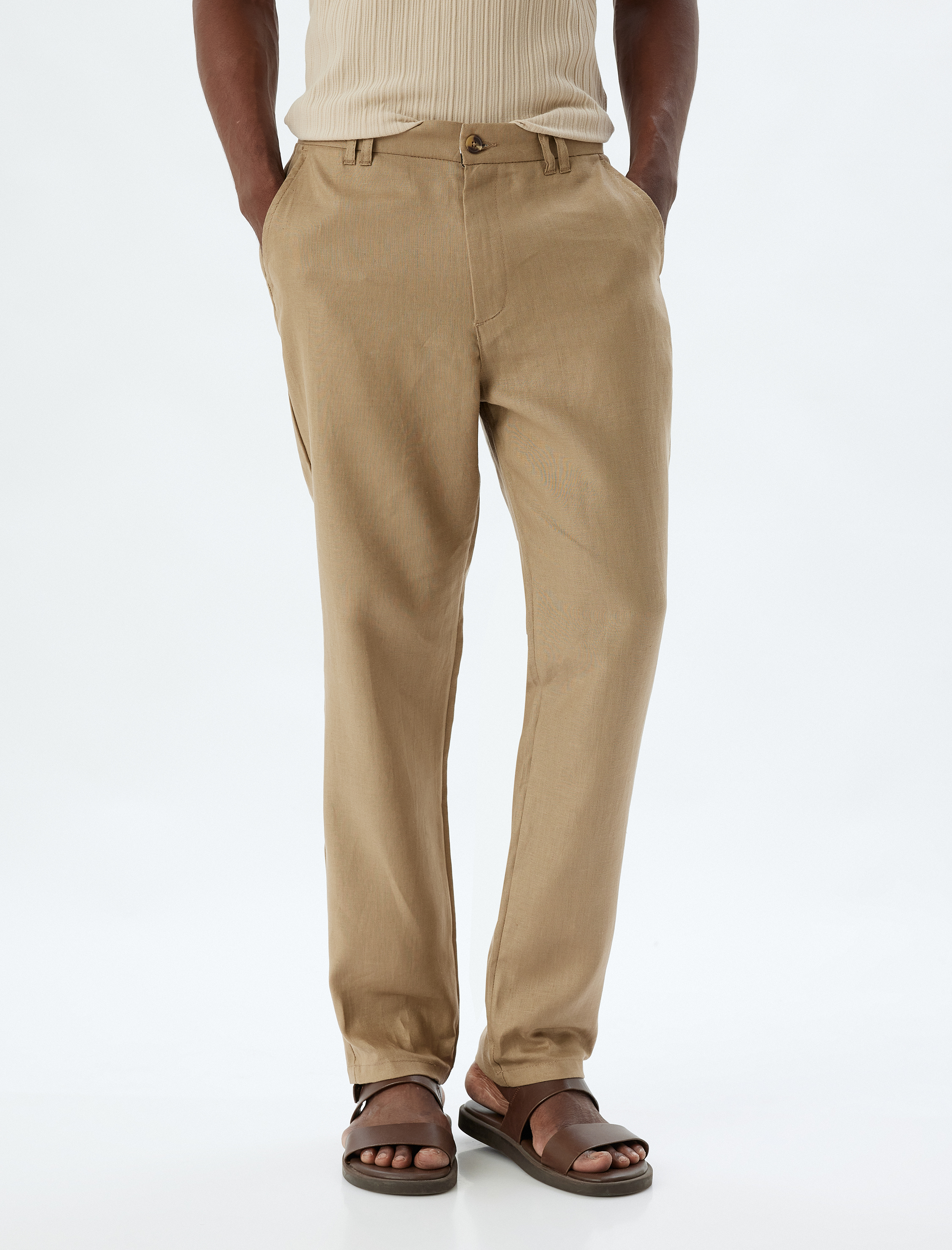   Keten Pantolon Slim Fit Chino Düğmeli Cep Detaylı