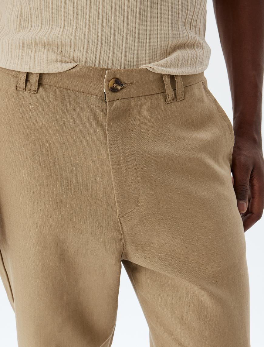   Keten Pantolon Slim Fit Chino Düğmeli Cep Detaylı