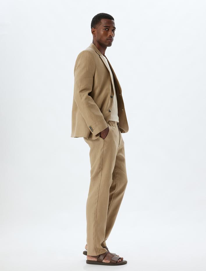  Keten Pantolon Slim Fit Chino Düğmeli Cep Detaylı