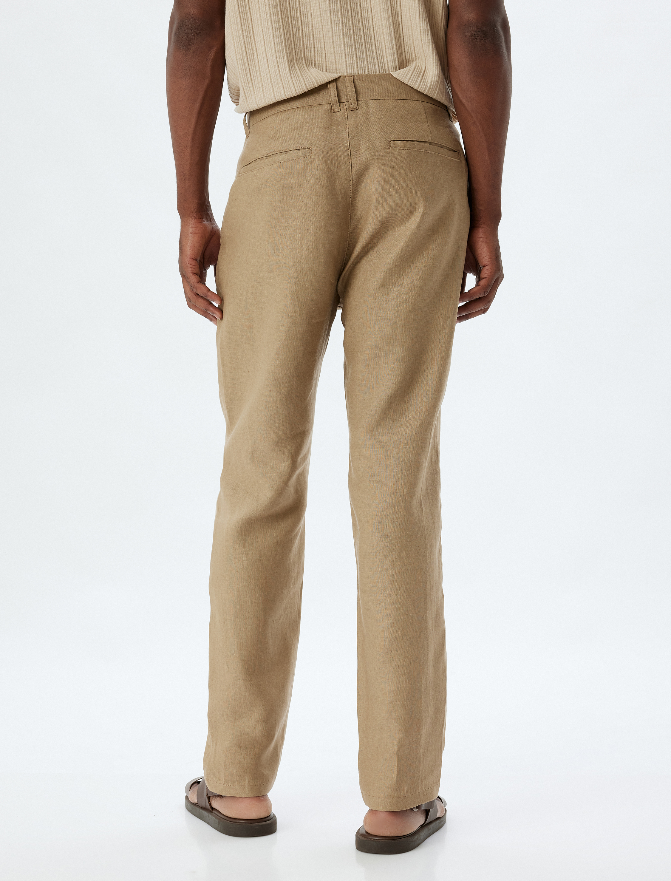   Keten Pantolon Slim Fit Chino Düğmeli Cep Detaylı