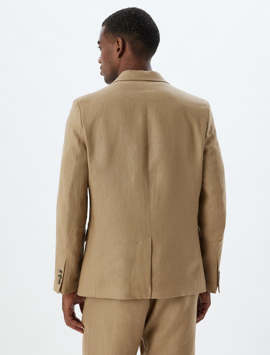   Keten Ceket Blazer Slim Fit Düğmeli Cep Detaylı