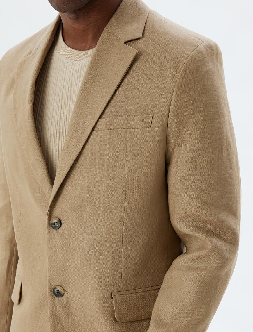   Keten Ceket Blazer Slim Fit Düğmeli Cep Detaylı