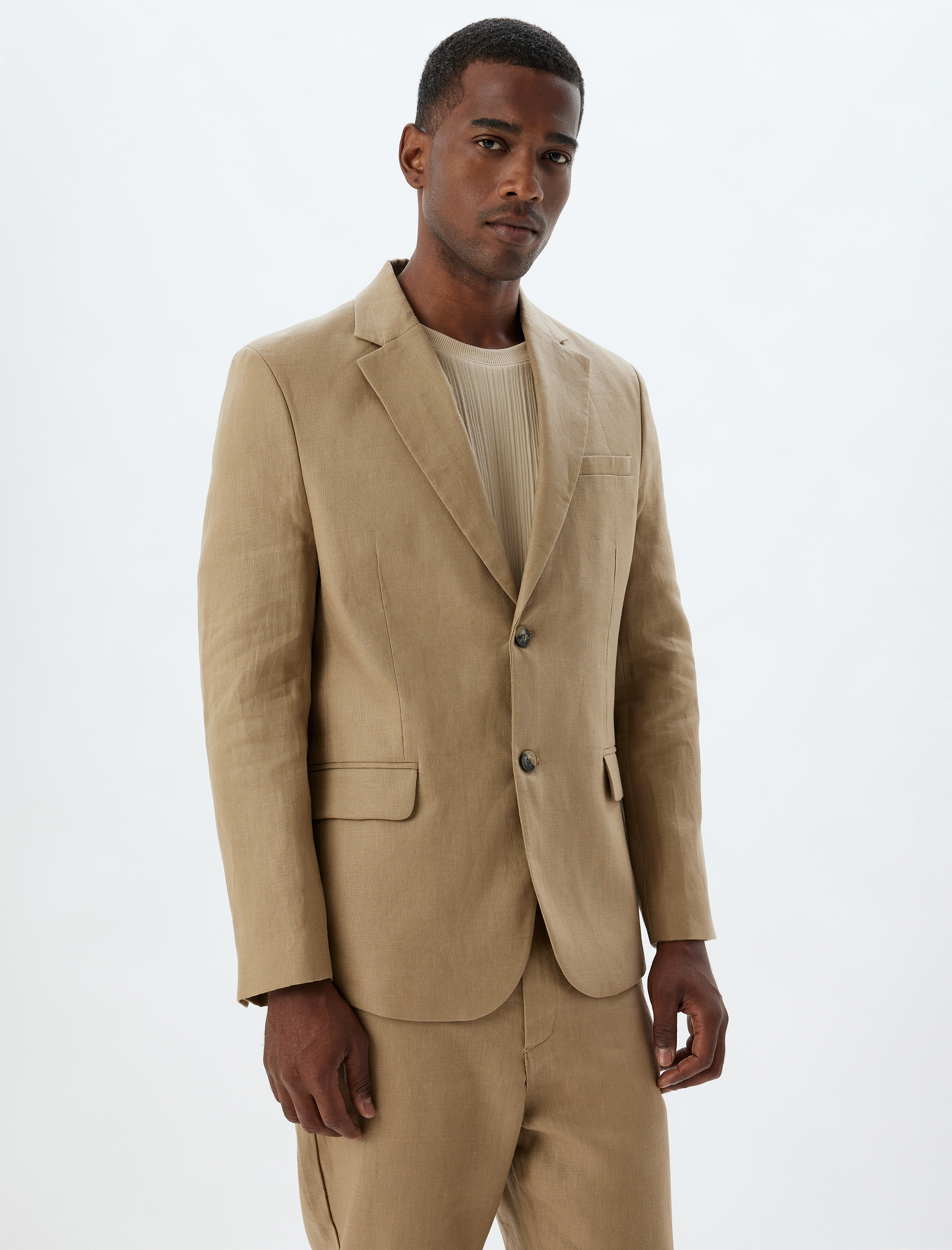 Keten Ceket Blazer Slim Fit Düğmeli Cep Detaylı