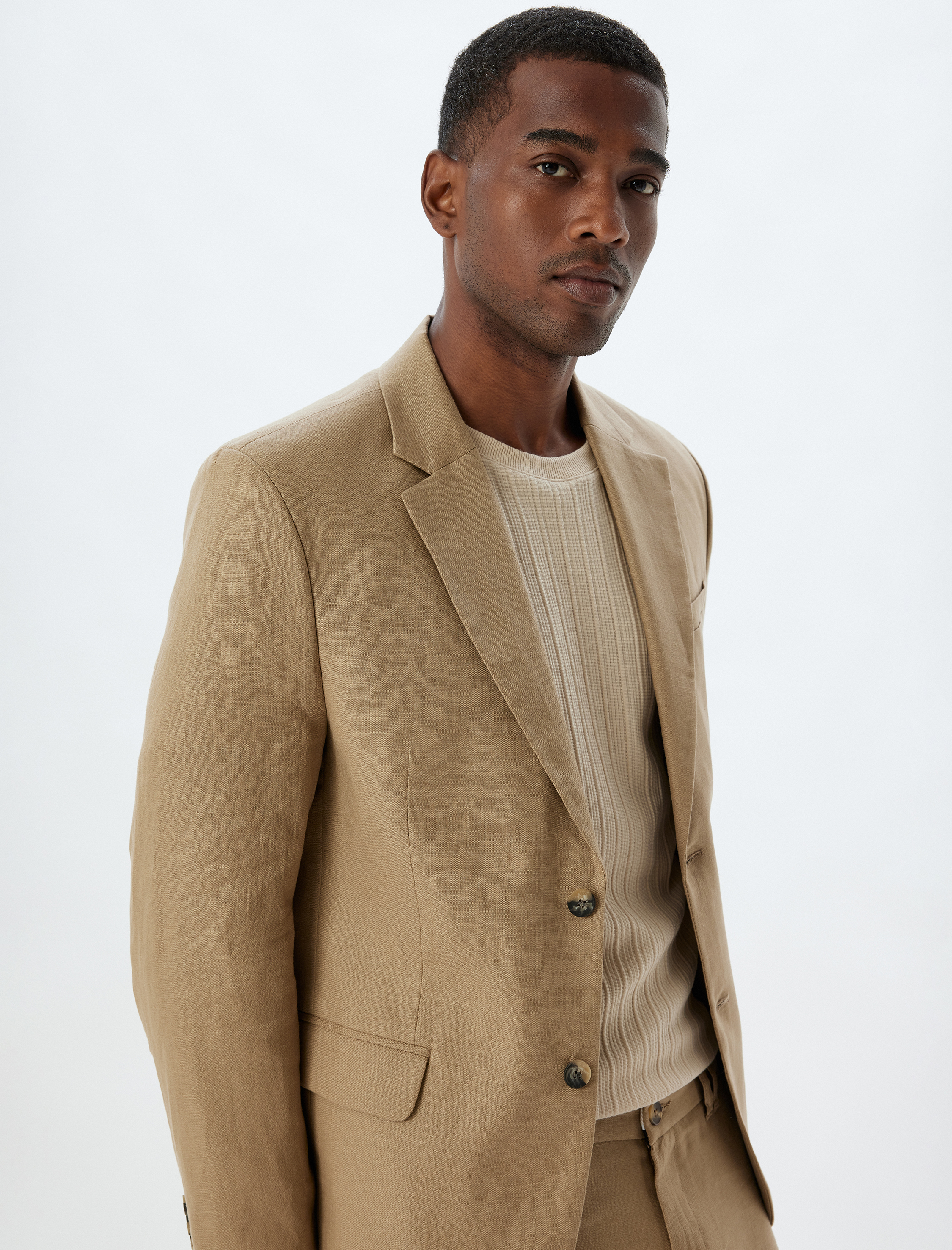 Keten Ceket Blazer Slim Fit Düğmeli Cep Detaylı