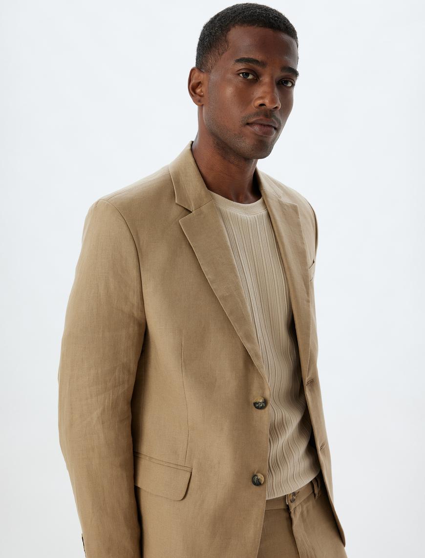   Keten Ceket Blazer Slim Fit Düğmeli Cep Detaylı