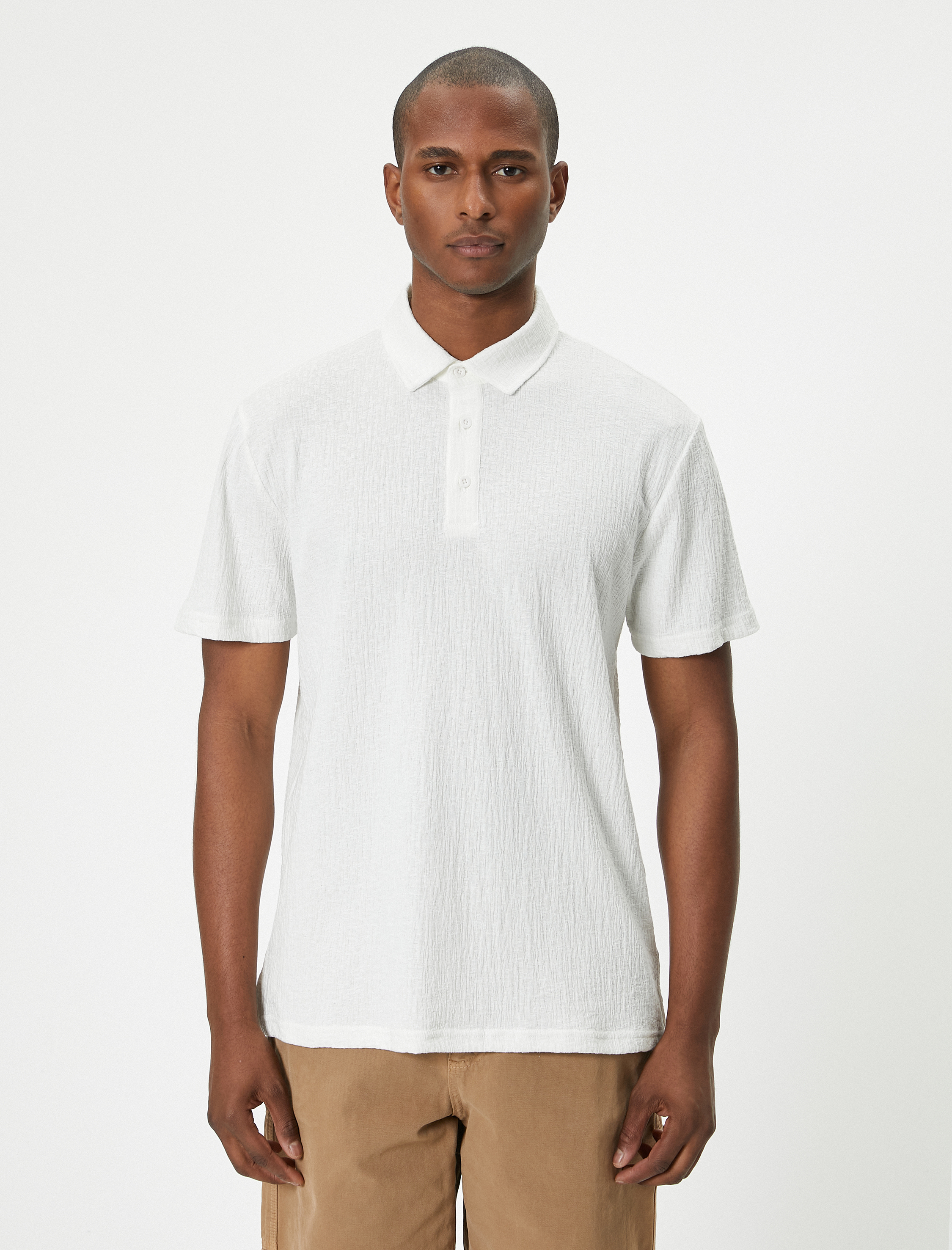   Polo Yaka Tişört Düğmeli Dokulu Pamuklu Kısa Kollu