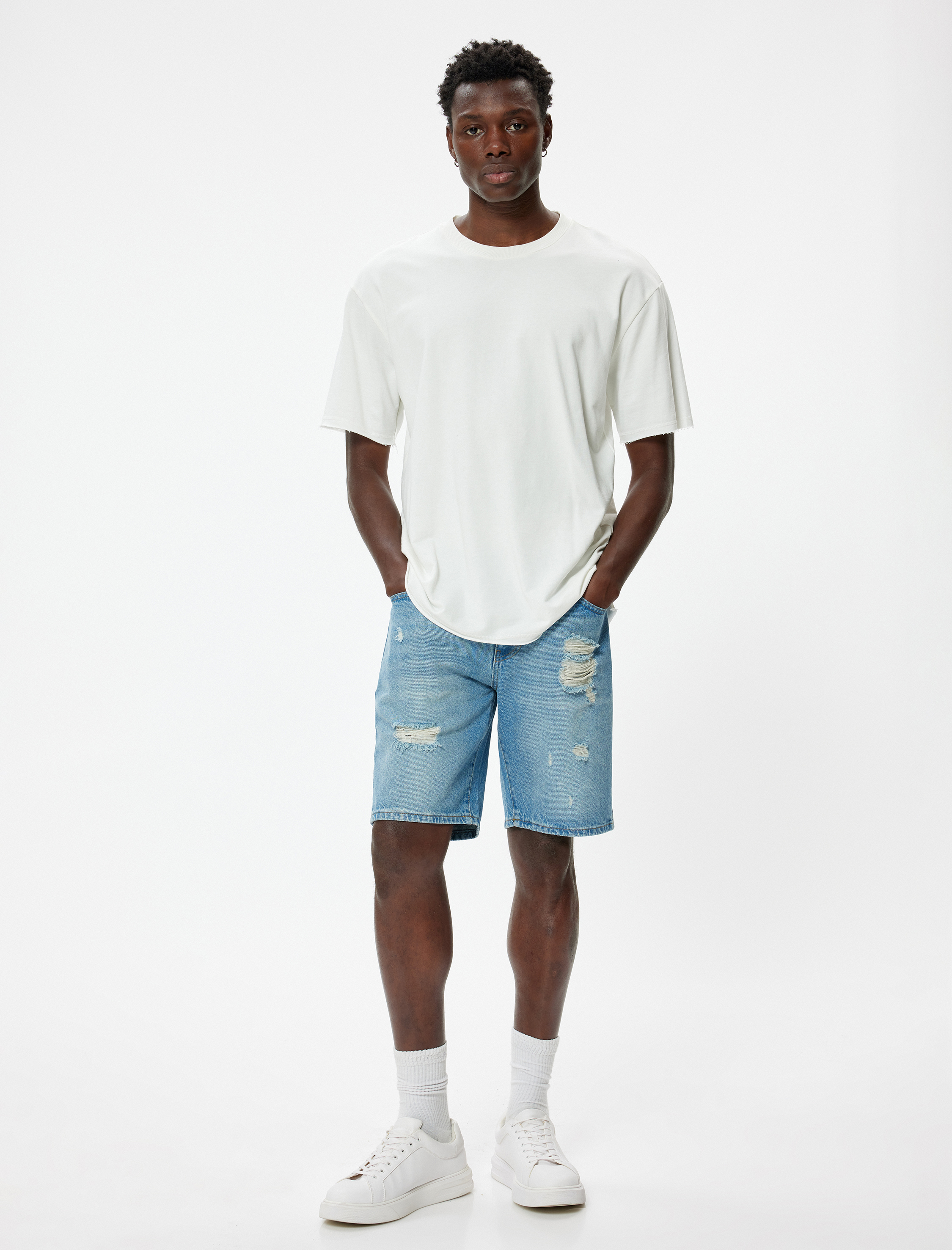   Oversize Kot Şort Yırtık Bermuda Cep Detaylı Pamuklu