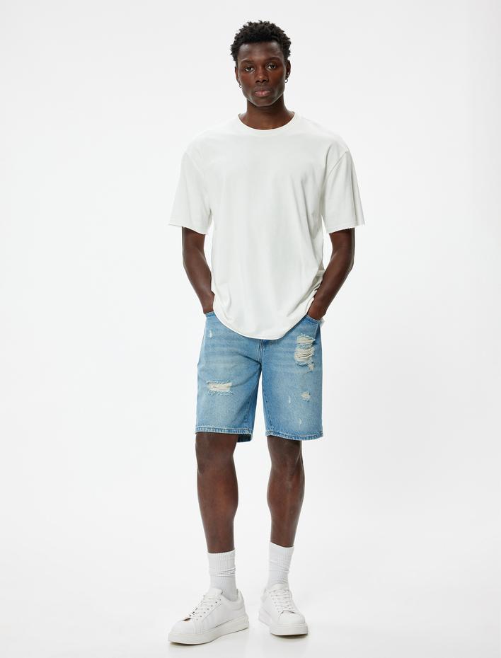  Oversize Kot Şort Yırtık Bermuda Cep Detaylı Pamuklu