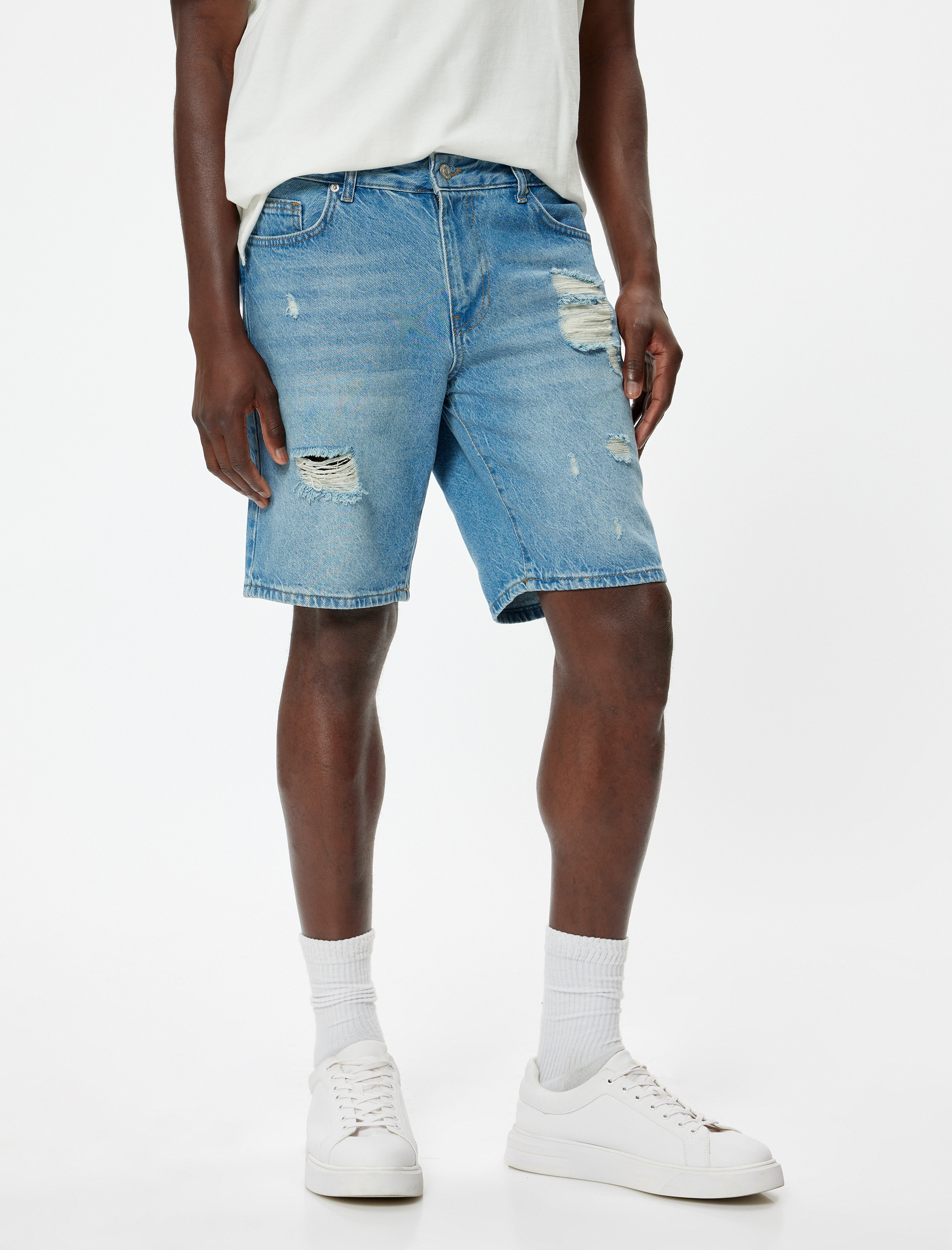   Oversize Kot Şort Yırtık Bermuda Cep Detaylı Pamuklu