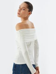 Uzun Kollu Omzu Açık Body Madonna Yaka Drapeli Slim Fit