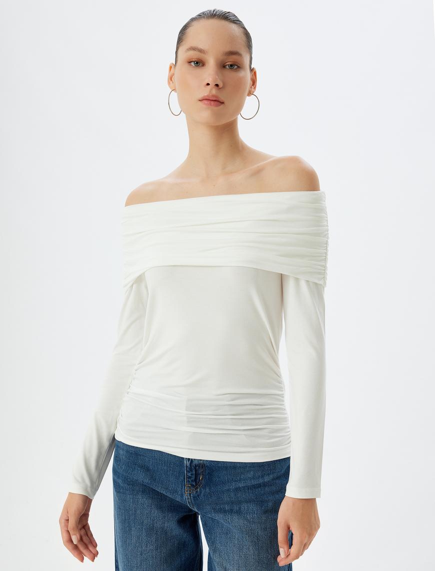   Uzun Kollu Omzu Açık Body Madonna Yaka Drapeli Slim Fit