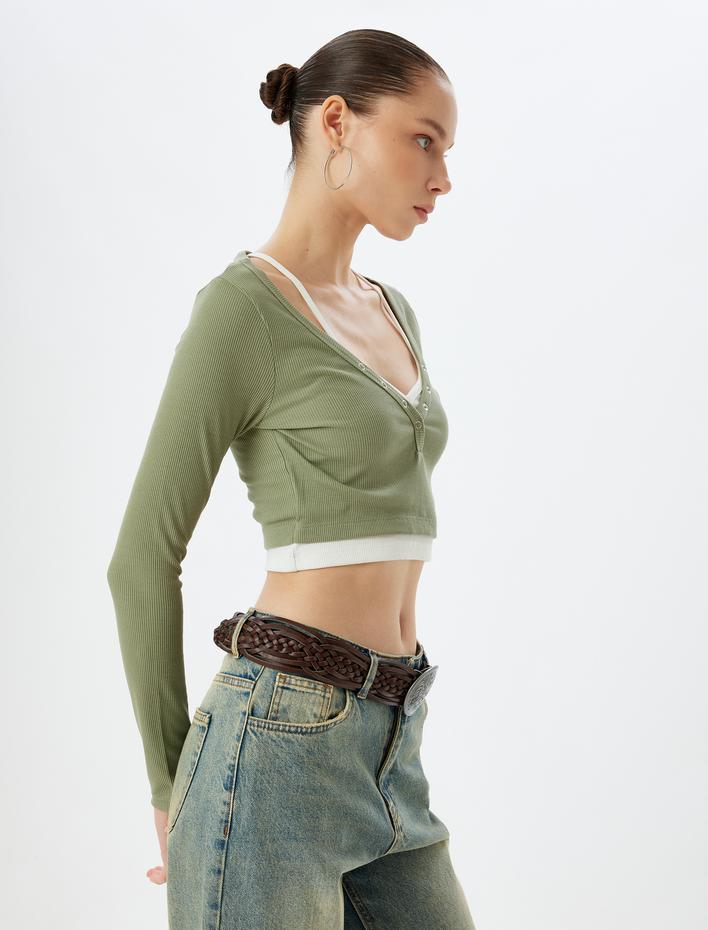  Uzun Kollu Düğmeli V Yaka Tişört