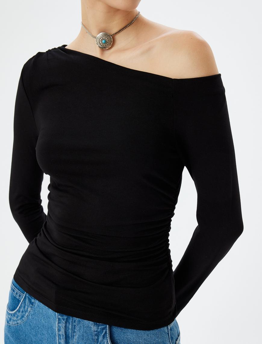  Uzun Kollu Tişört Asimetrik Yaka Drapeli Viskon Slim Fit