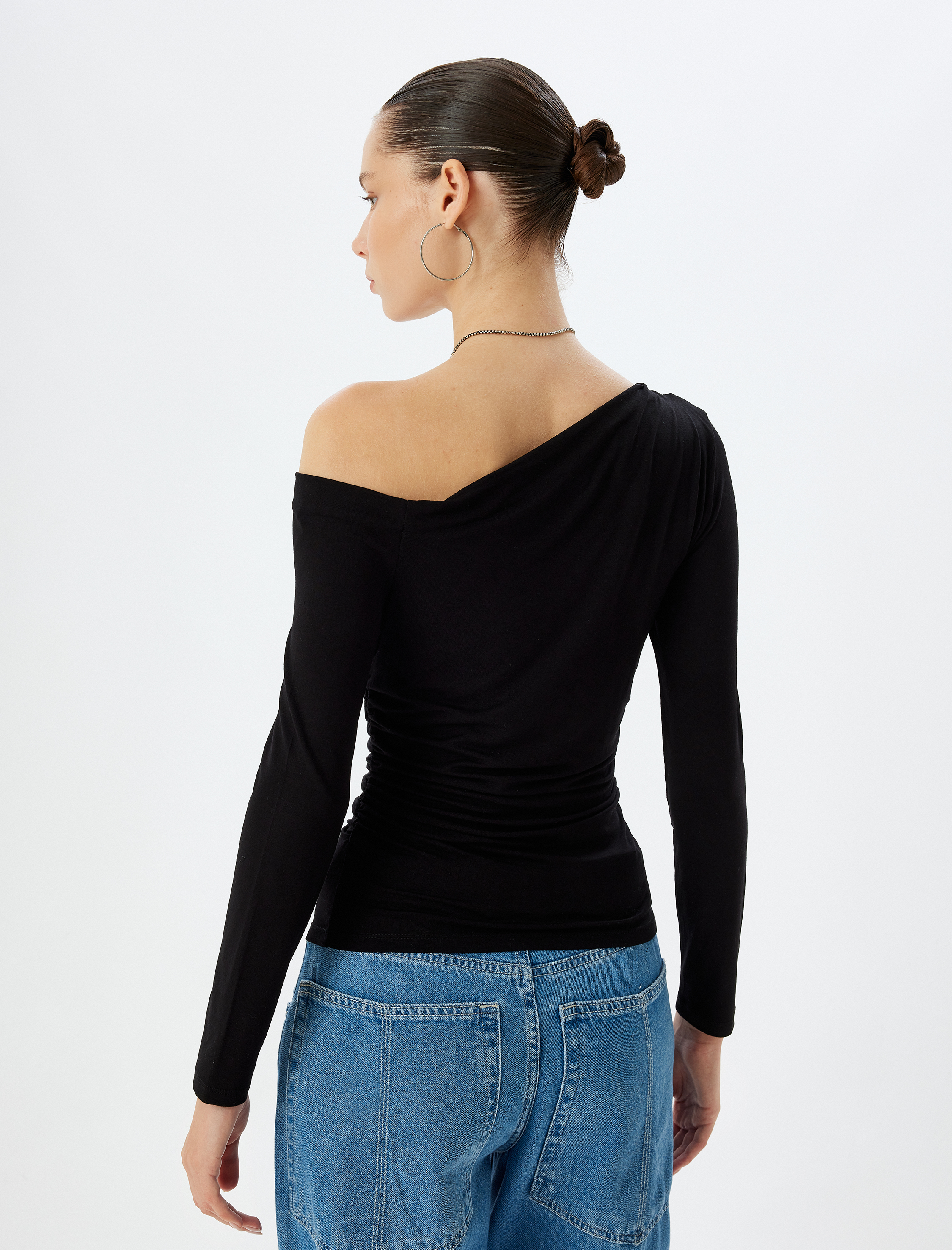   Uzun Kollu Tişört Asimetrik Yaka Drapeli Viskon Slim Fit