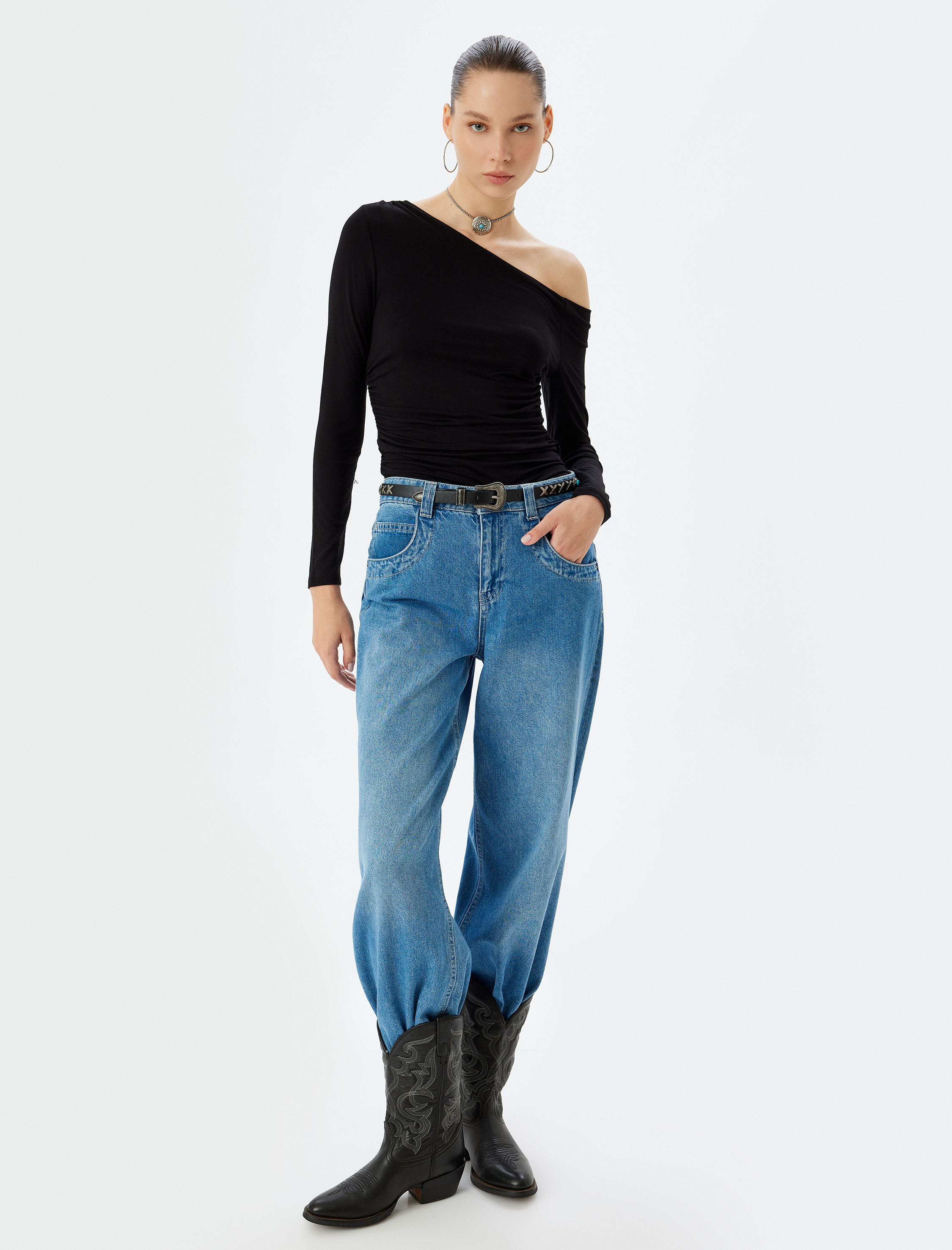   Uzun Kollu Tişört Asimetrik Yaka Drapeli Viskon Slim Fit