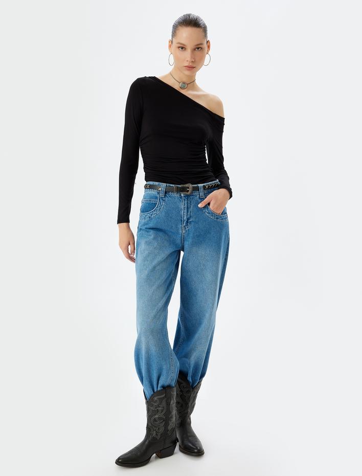  Uzun Kollu Tişört Asimetrik Yaka Drapeli Viskon Slim Fit