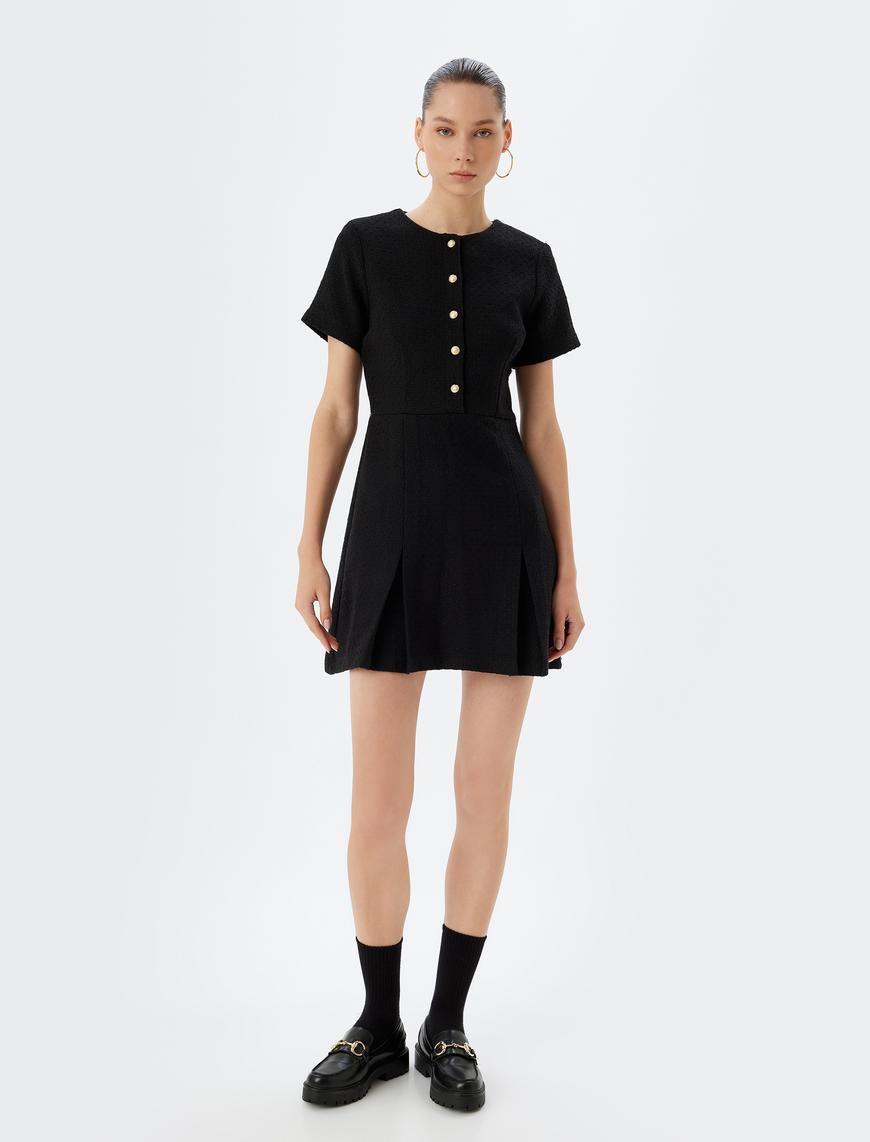   Tüvit Mini Elbise Düğme Detaylı Kısa Kollu Slim Fit