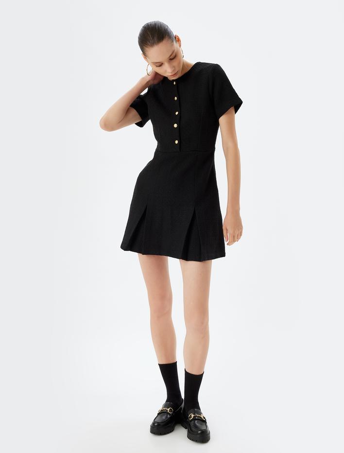  Tüvit Mini Elbise Düğme Detaylı Kısa Kollu Slim Fit