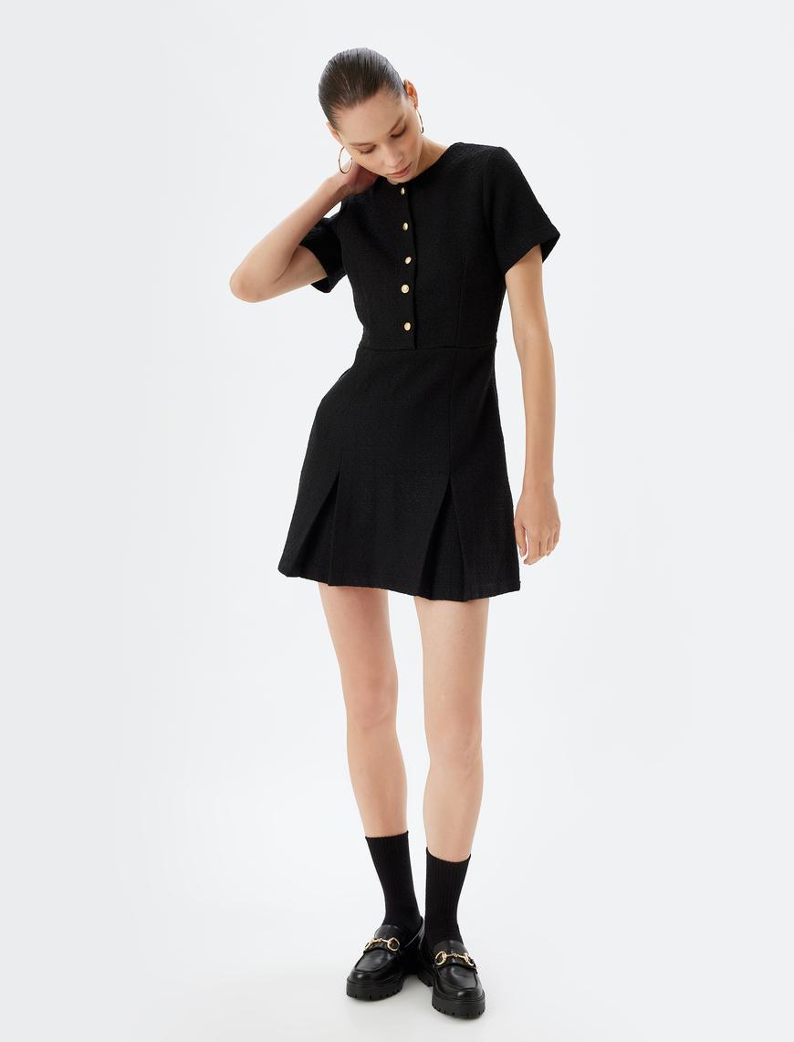   Tüvit Mini Elbise Düğme Detaylı Kısa Kollu Slim Fit