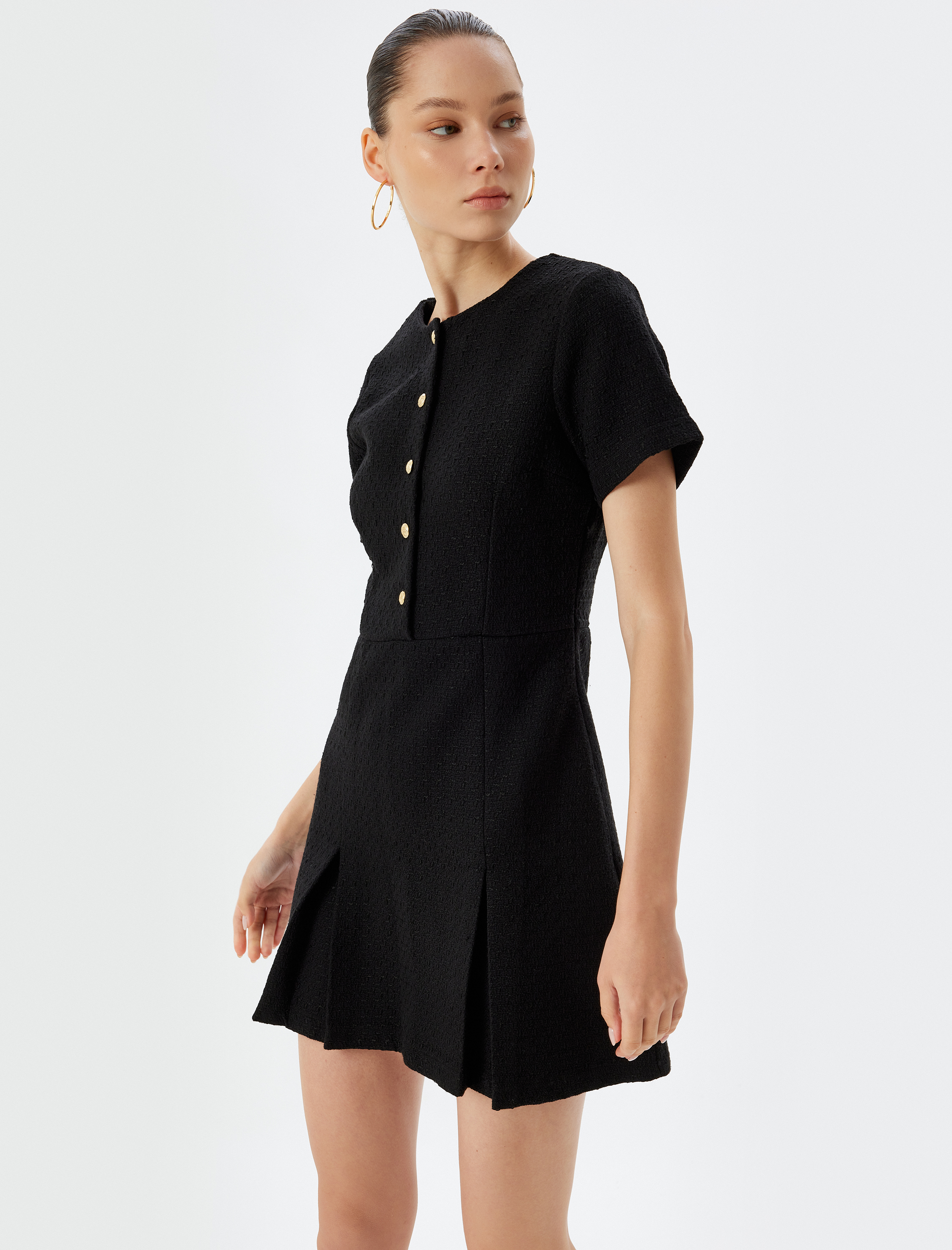   Tüvit Mini Elbise Düğme Detaylı Kısa Kollu Slim Fit