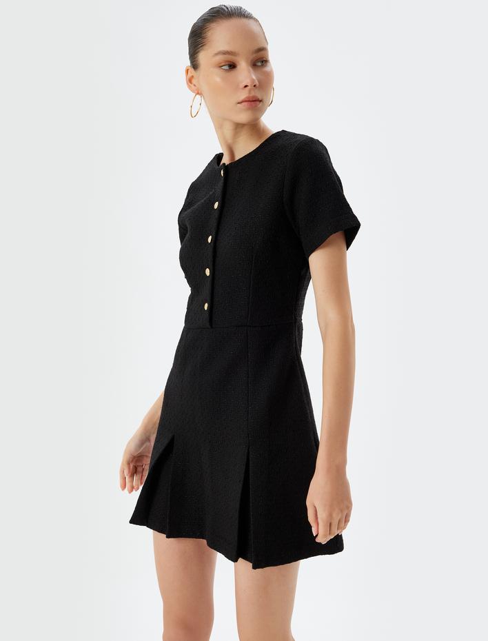  Tüvit Mini Elbise Düğme Detaylı Kısa Kollu Slim Fit