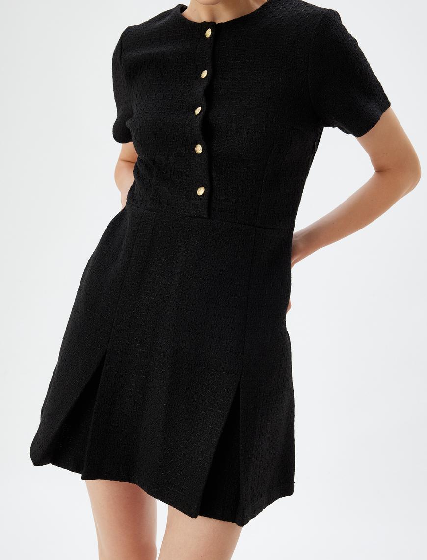   Tüvit Mini Elbise Düğme Detaylı Kısa Kollu Slim Fit