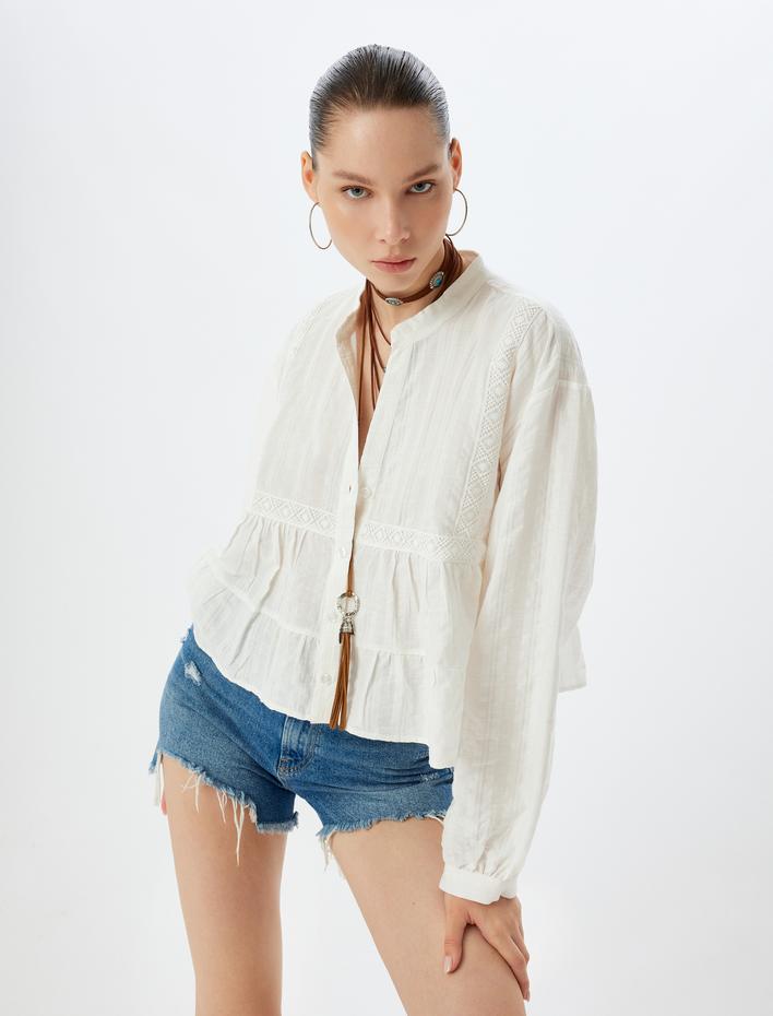  Hakim Yaka Fisto Bluz Oversize Düğmeli İşlemeli