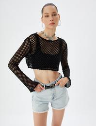 Crop Ajurlu Örme Tişört Uzun Kollu Bisiklet Yaka Sim Görünümlü