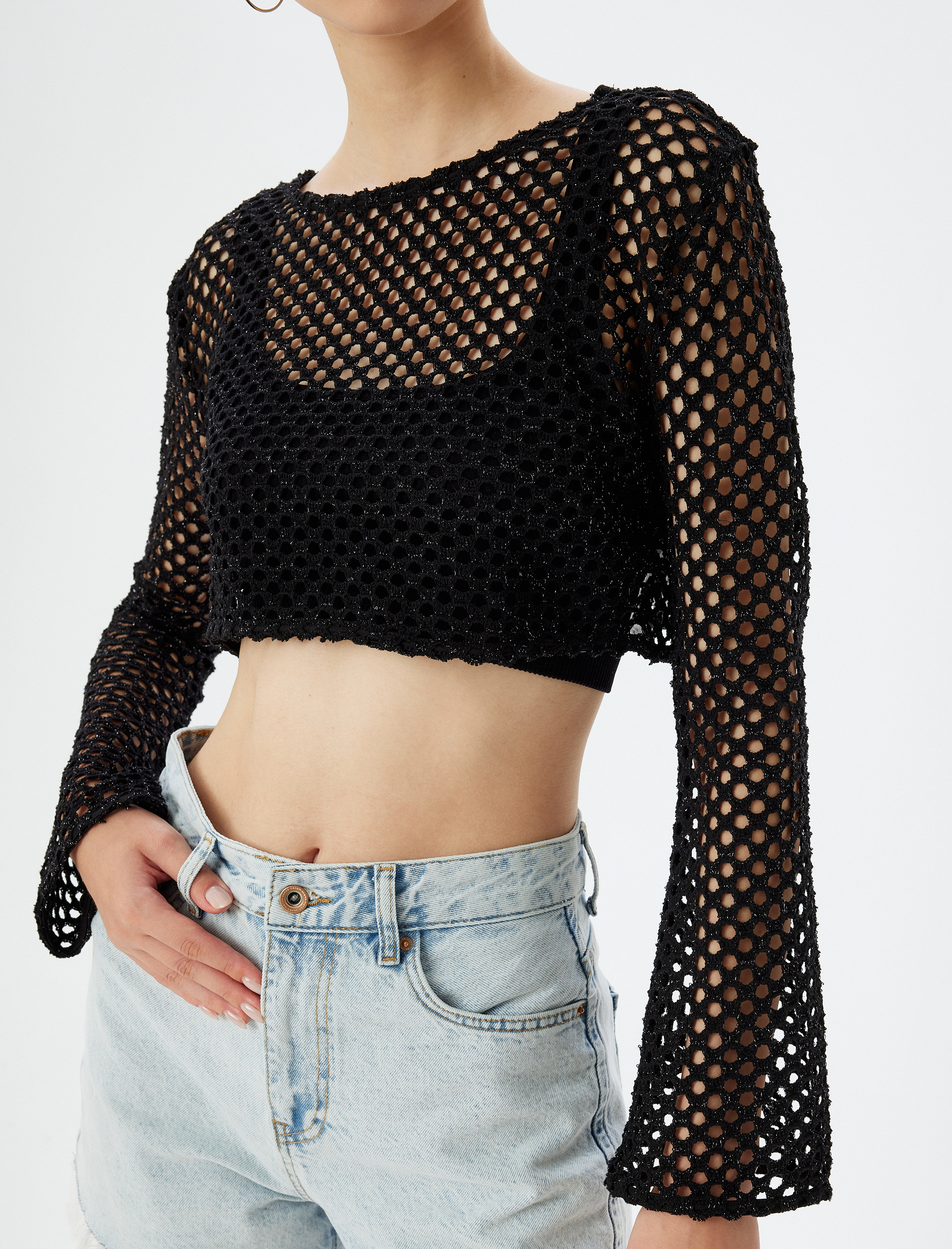   Crop Ajurlu Örme Tişört Uzun Kollu Bisiklet Yaka Sim Görünümlü