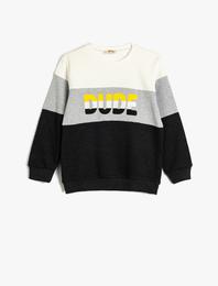 Sweatshirt Renk Bloklu Bisiklet Yaka Slogan Baskılı