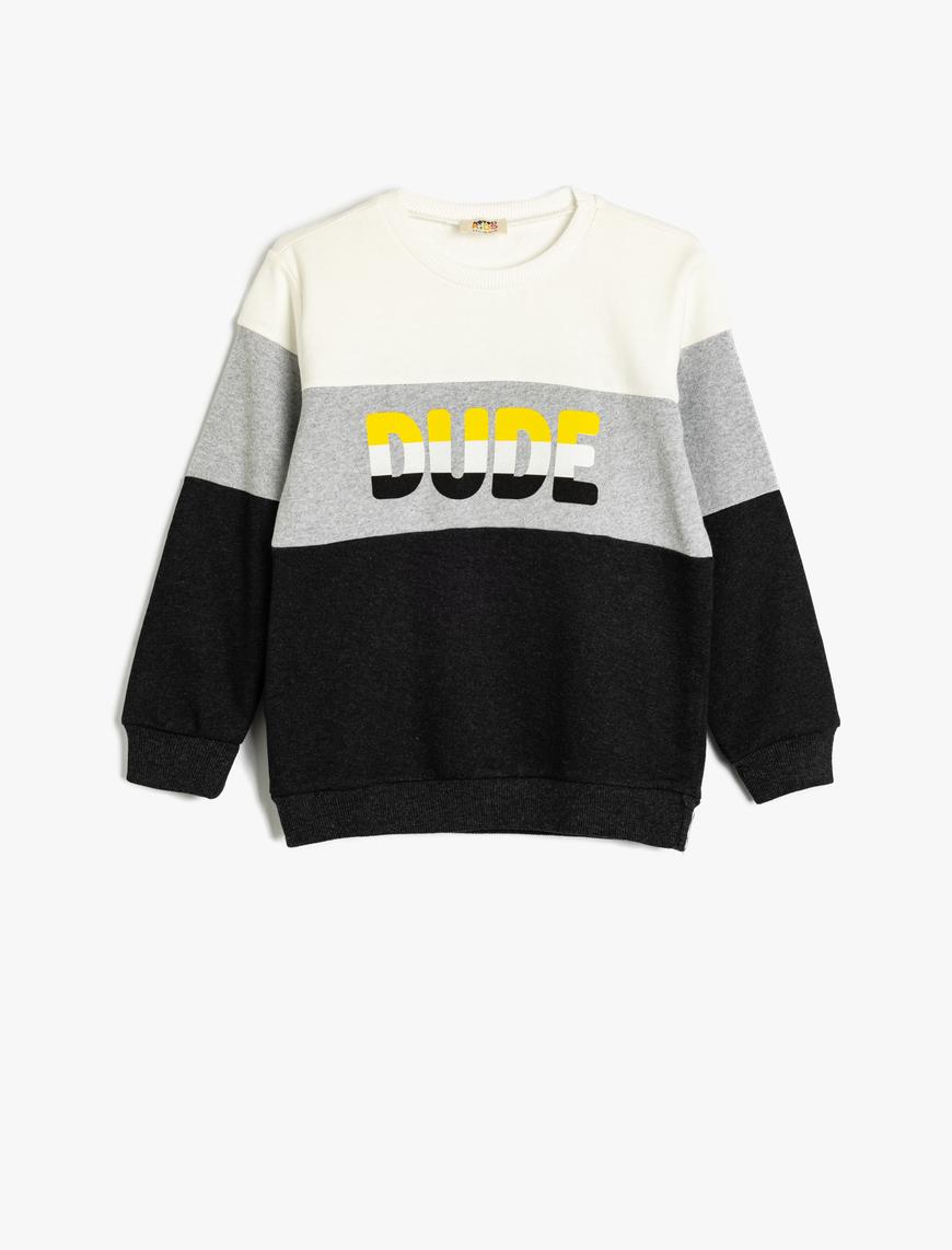  Erkek Çocuk Sweatshirt Renk Bloklu Bisiklet Yaka Slogan Baskılı