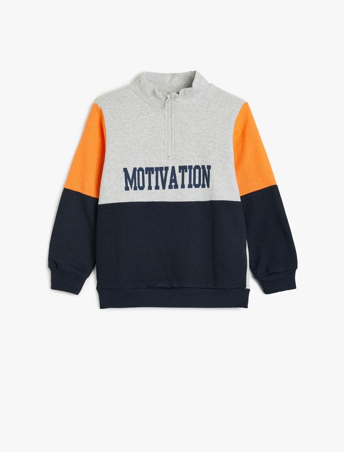Erkek Çocuk Sweatshirt Yarım Fermuarlı Dik Yaka Renk Bloklu Slogan Baskılı
