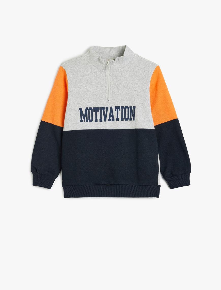  Erkek Çocuk Sweatshirt Yarım Fermuarlı Dik Yaka Renk Bloklu Slogan Baskılı