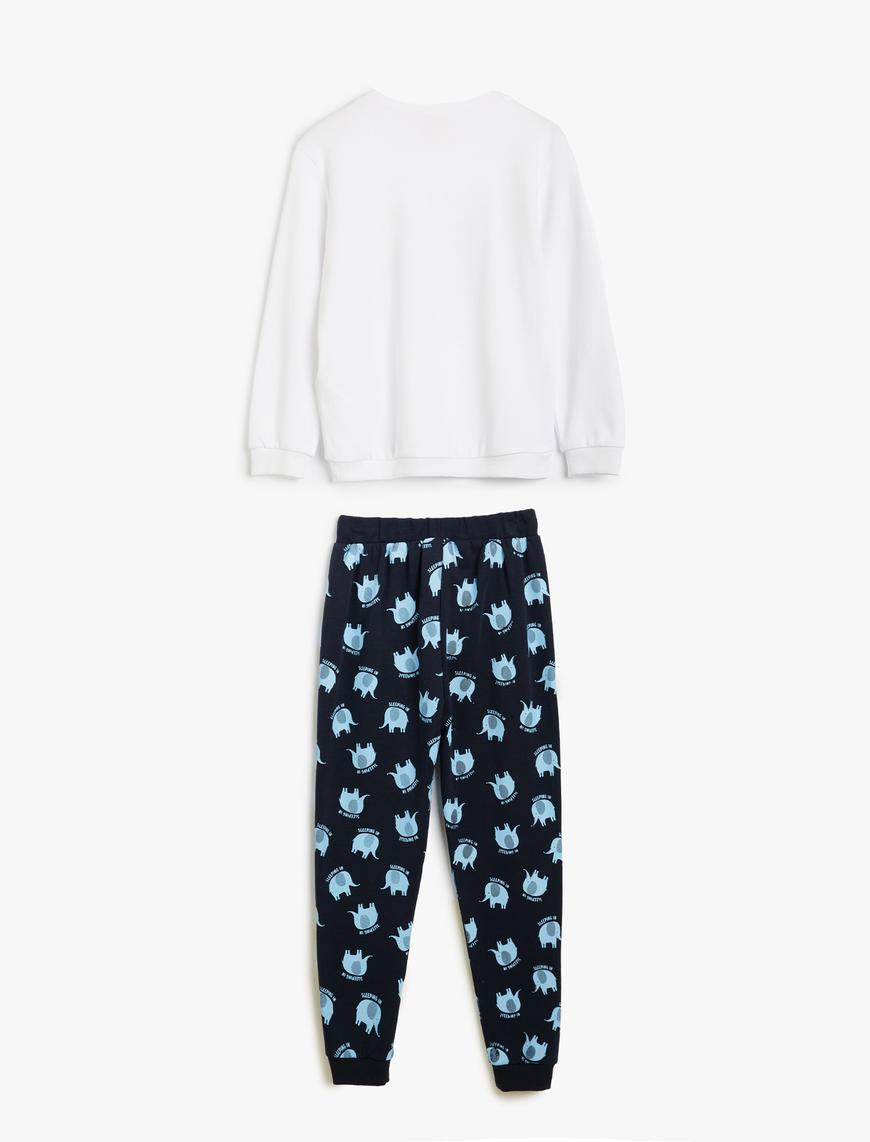  Erkek Bebek Fil Baskılı Pamuklu Uzun Kollu Bebek Pijama Takımı