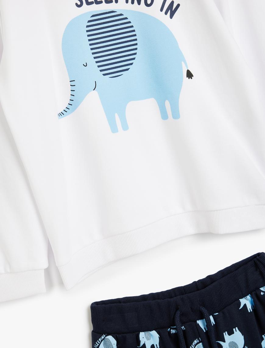  Erkek Bebek Fil Baskılı Pamuklu Uzun Kollu Bebek Pijama Takımı