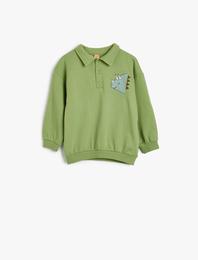 Polo Yaka Sweat Düğmeli Uzun Kollu Dinozor Baskılı Pamuklu Şardonlu