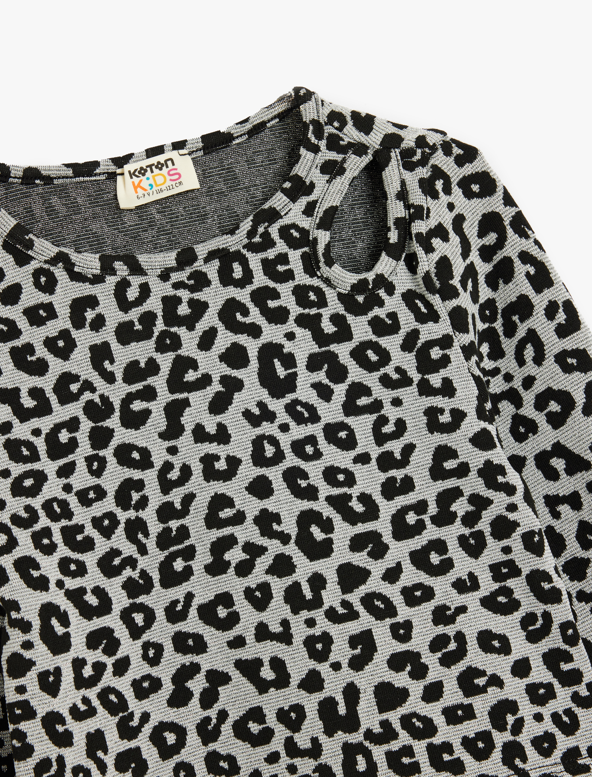  Kız Çocuk Bluz Leopar Desenli Uzun Kollu Pencere Detaylı Bisiklet Yaka