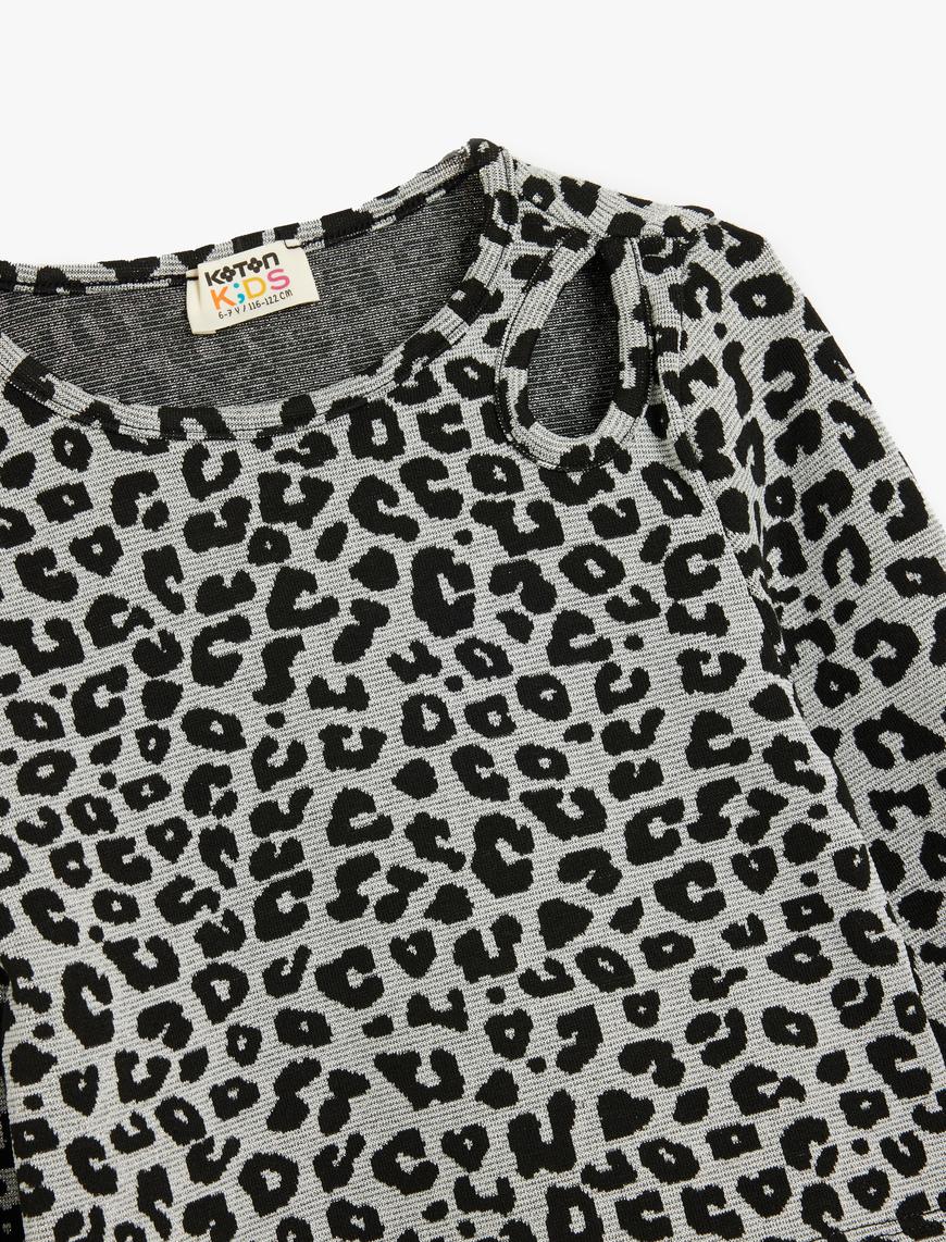  Kız Çocuk Bluz Leopar Desenli Uzun Kollu Pencere Detaylı Bisiklet Yaka