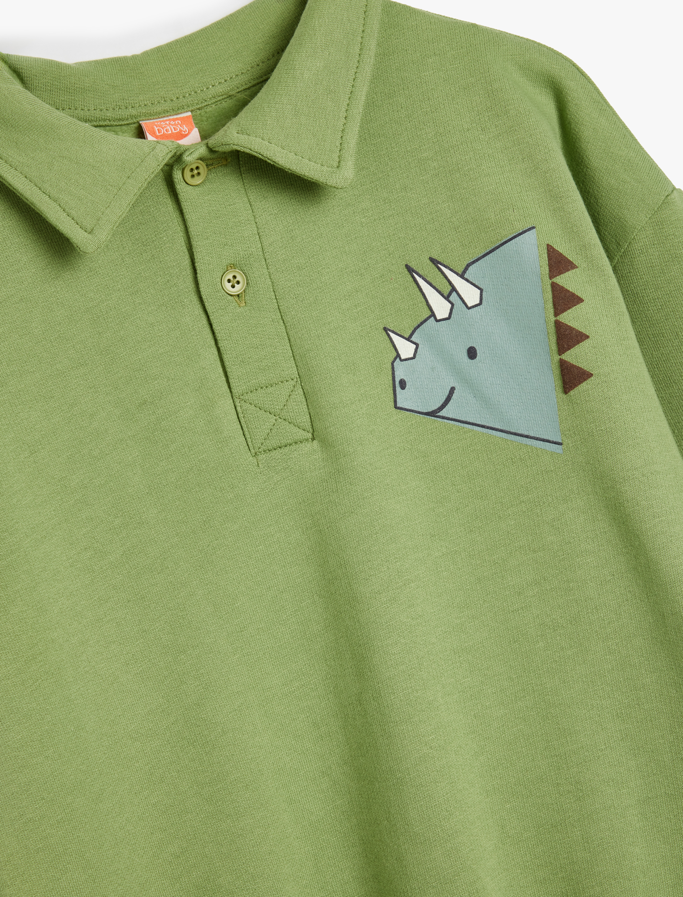 Erkek Bebek Polo Yaka Sweat Düğmeli Uzun Kollu Dinozor Baskılı Pamuklu Şardonlu