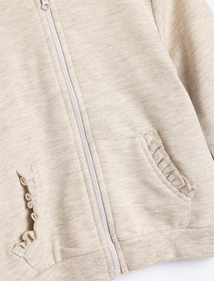  Kız Bebek Sweatshirt Kapşonlu Fermuarlı Uzun Kollu Fırfır Detaylı Şardonlu
