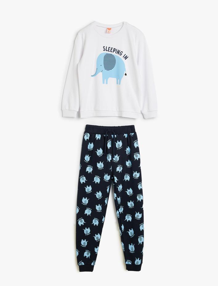 Erkek Bebek Fil Baskılı Pamuklu Uzun Kollu Bebek Pijama Takımı