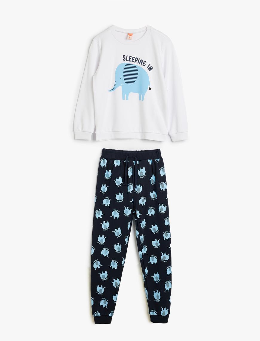  Erkek Bebek Fil Baskılı Pamuklu Uzun Kollu Bebek Pijama Takımı