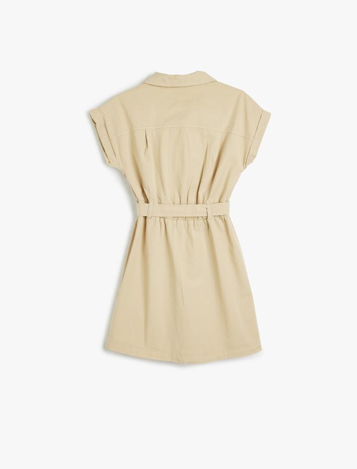 Kız Çocuk Kemer Detaylı Düğmeli Cepli Pamuklu Gömlek Yaka Elbise