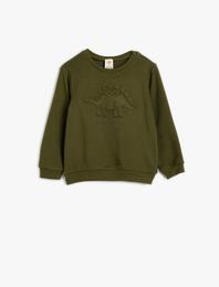 Dinozorlu Sweatshirt Kabartma Baskılı Bisiklet Yaka Uzun Kollu