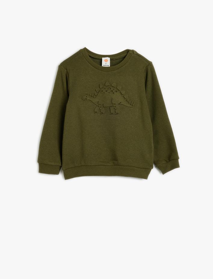 Erkek Bebek Dinozorlu Sweatshirt Kabartma Baskılı Bisiklet Yaka Uzun Kollu