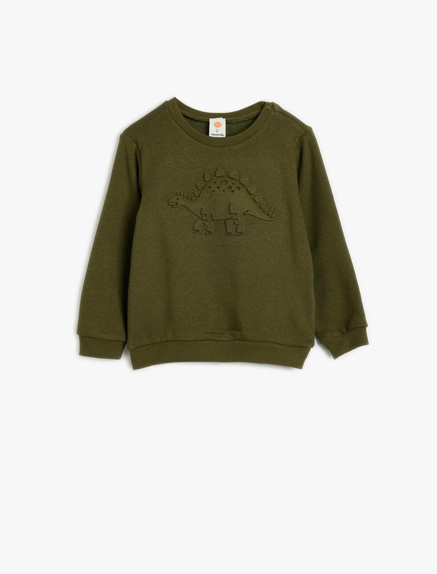  Erkek Bebek Dinozorlu Sweatshirt Kabartma Baskılı Bisiklet Yaka Uzun Kollu