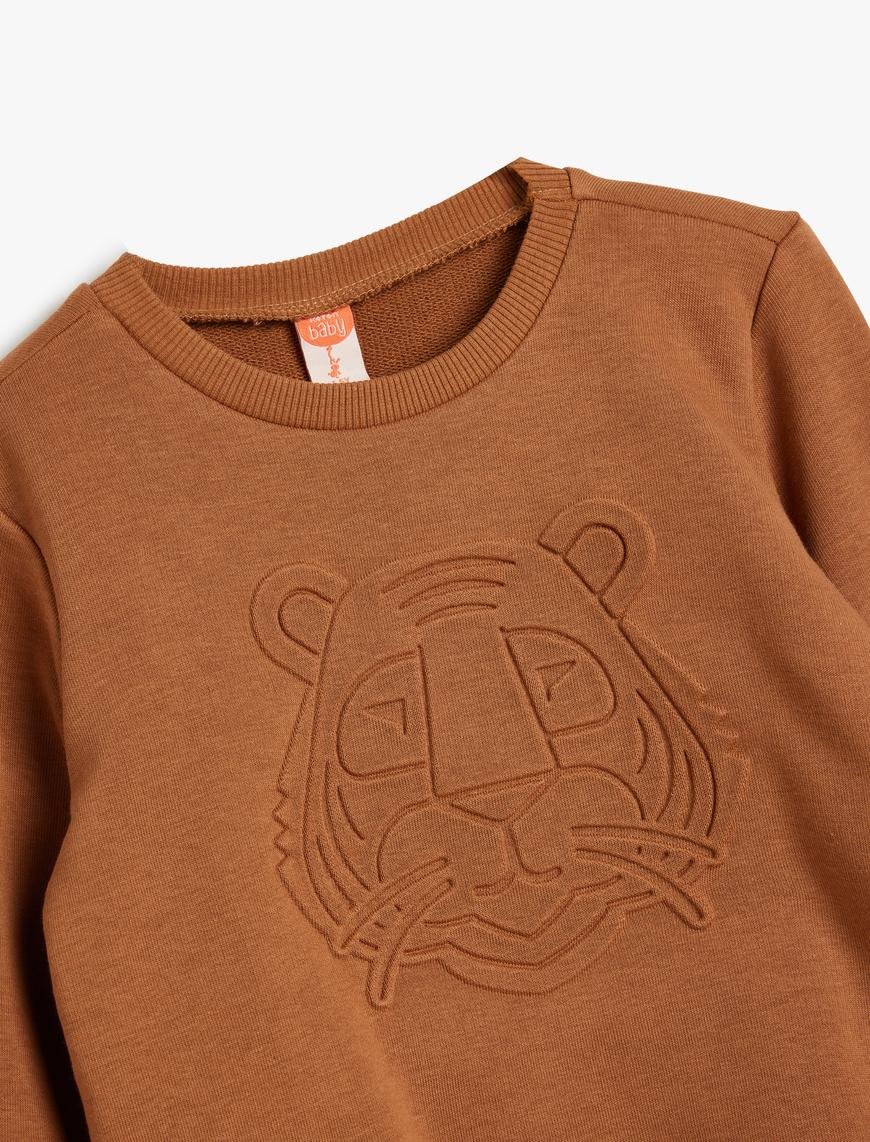  Erkek Bebek Sweatshirt Kaplan Kabartma Baskılı Bisiklet Yaka Uzun Kollu