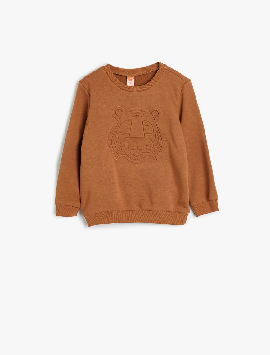  Erkek Bebek Sweatshirt Kaplan Kabartma Baskılı Bisiklet Yaka Uzun Kollu