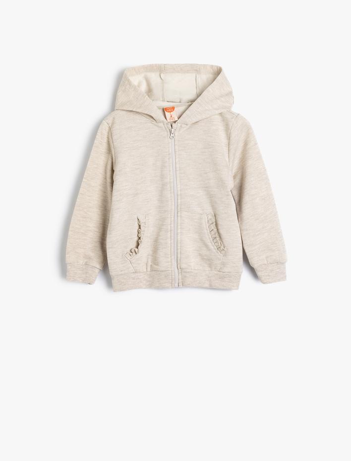 Kız Bebek Sweatshirt Kapşonlu Fermuarlı Uzun Kollu Fırfır Detaylı Şardonlu